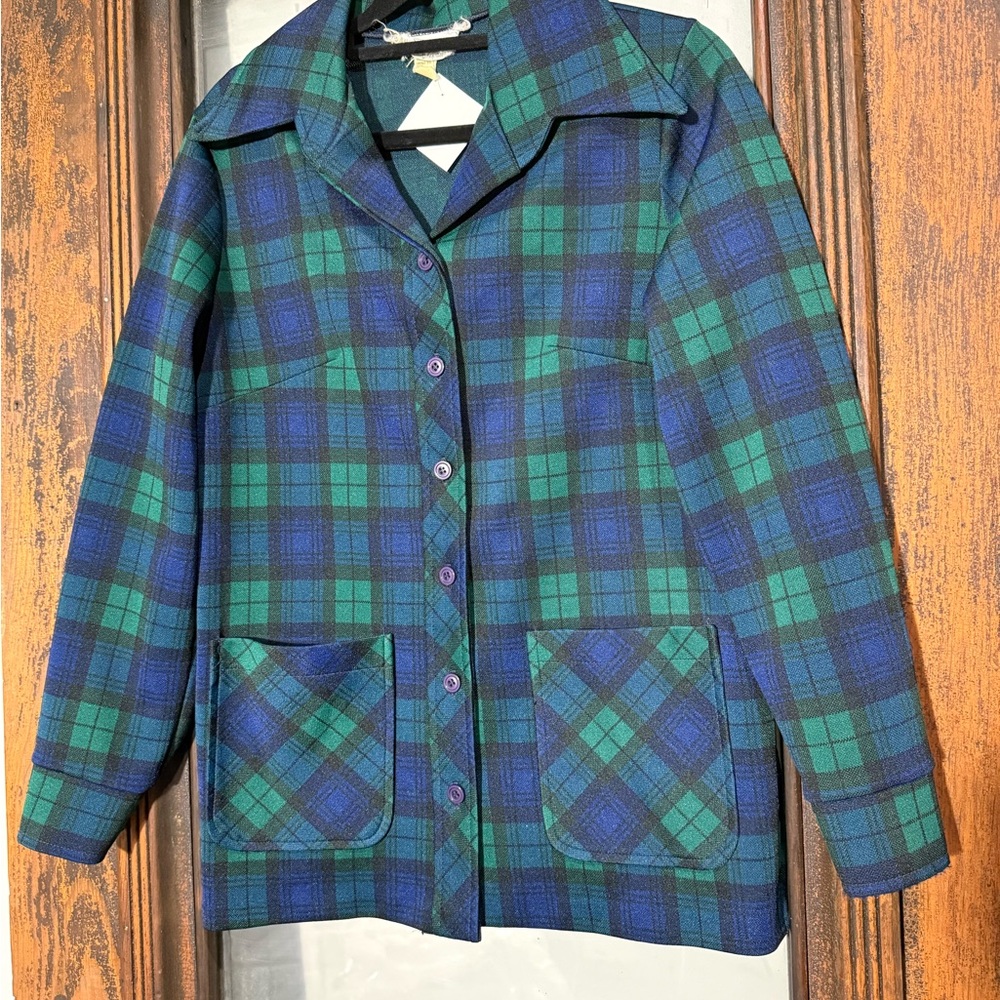 70s Women's Blue and Green Plaid Button Down Shirt medium